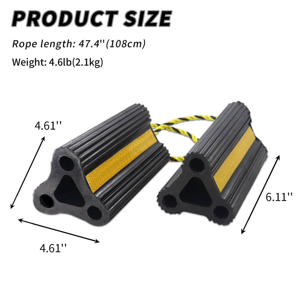 Vacallity wheel chocks with reflective strips improving visibility in dim areas