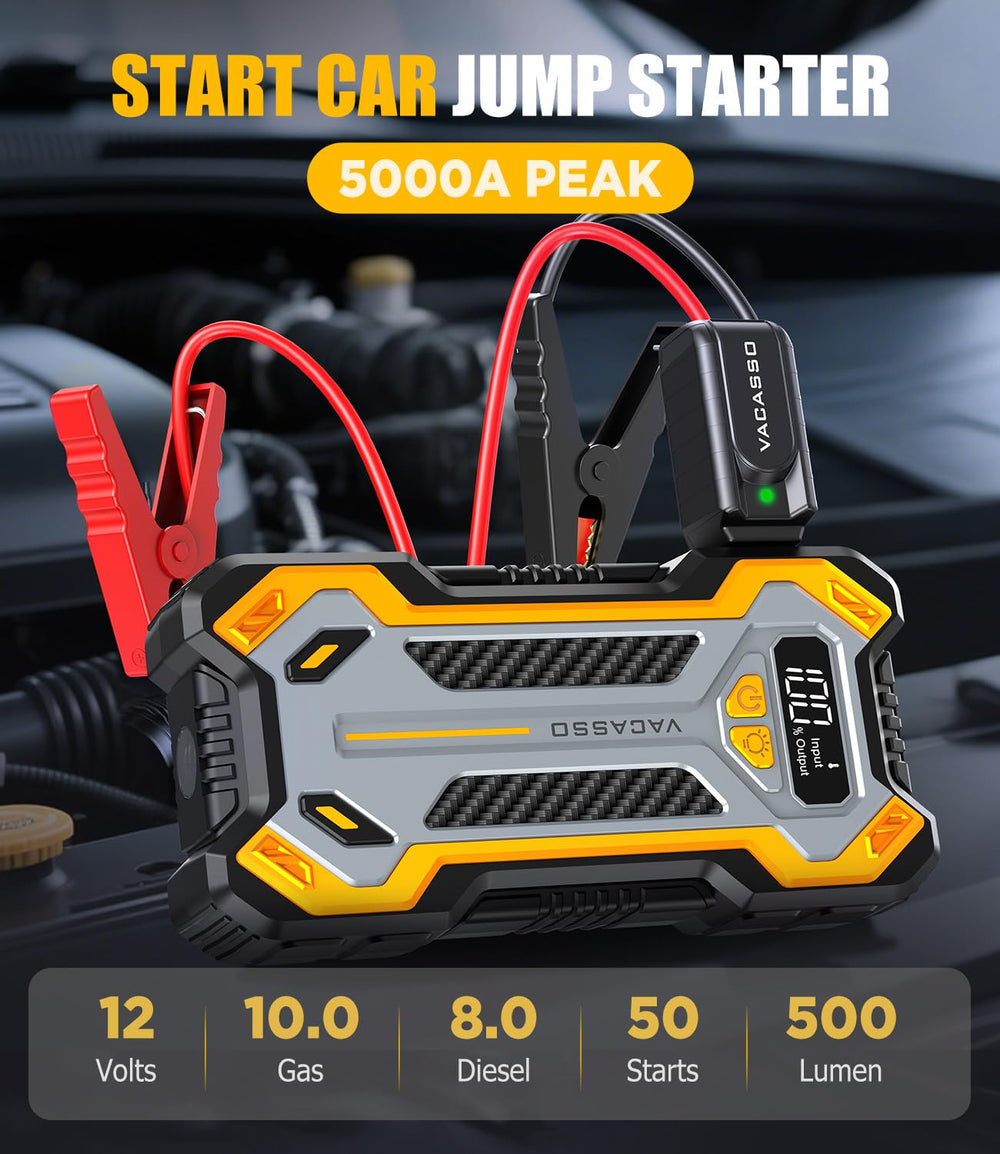 VACASSO 5000A jump starter back view highlights durable design and portability.