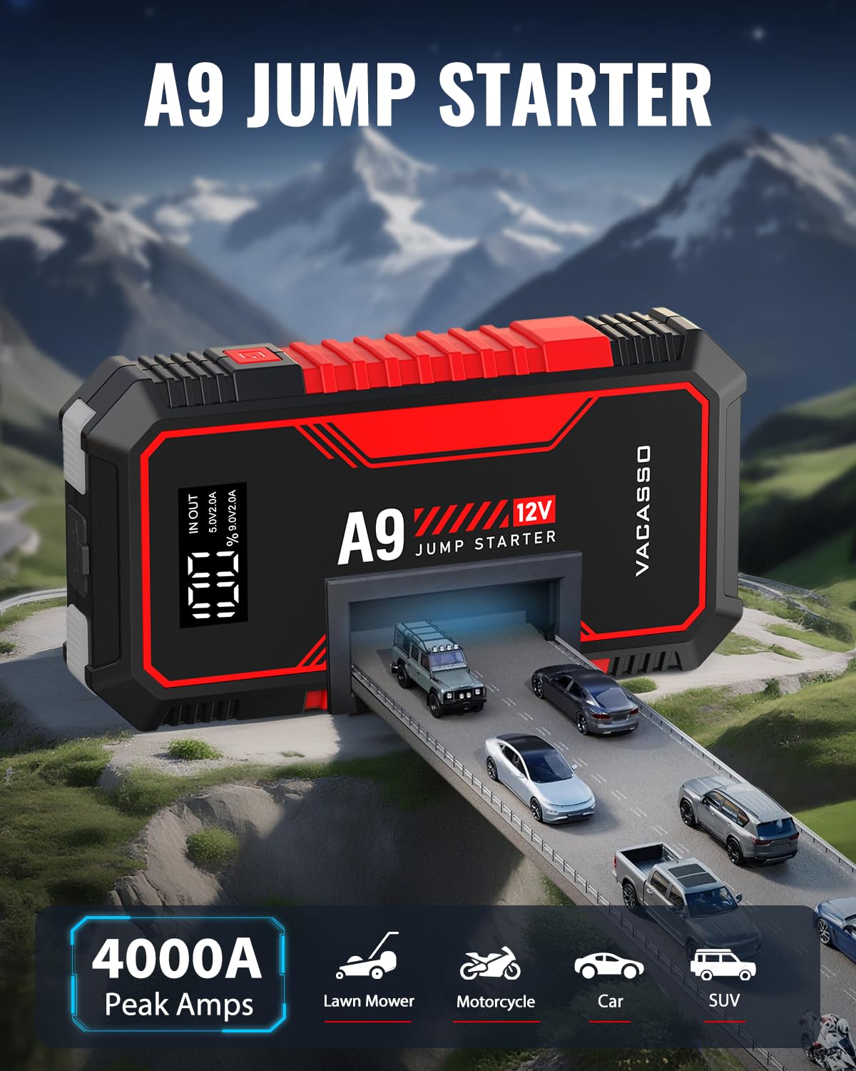 Vacasso A9 LCD screen shows battery status at a glance