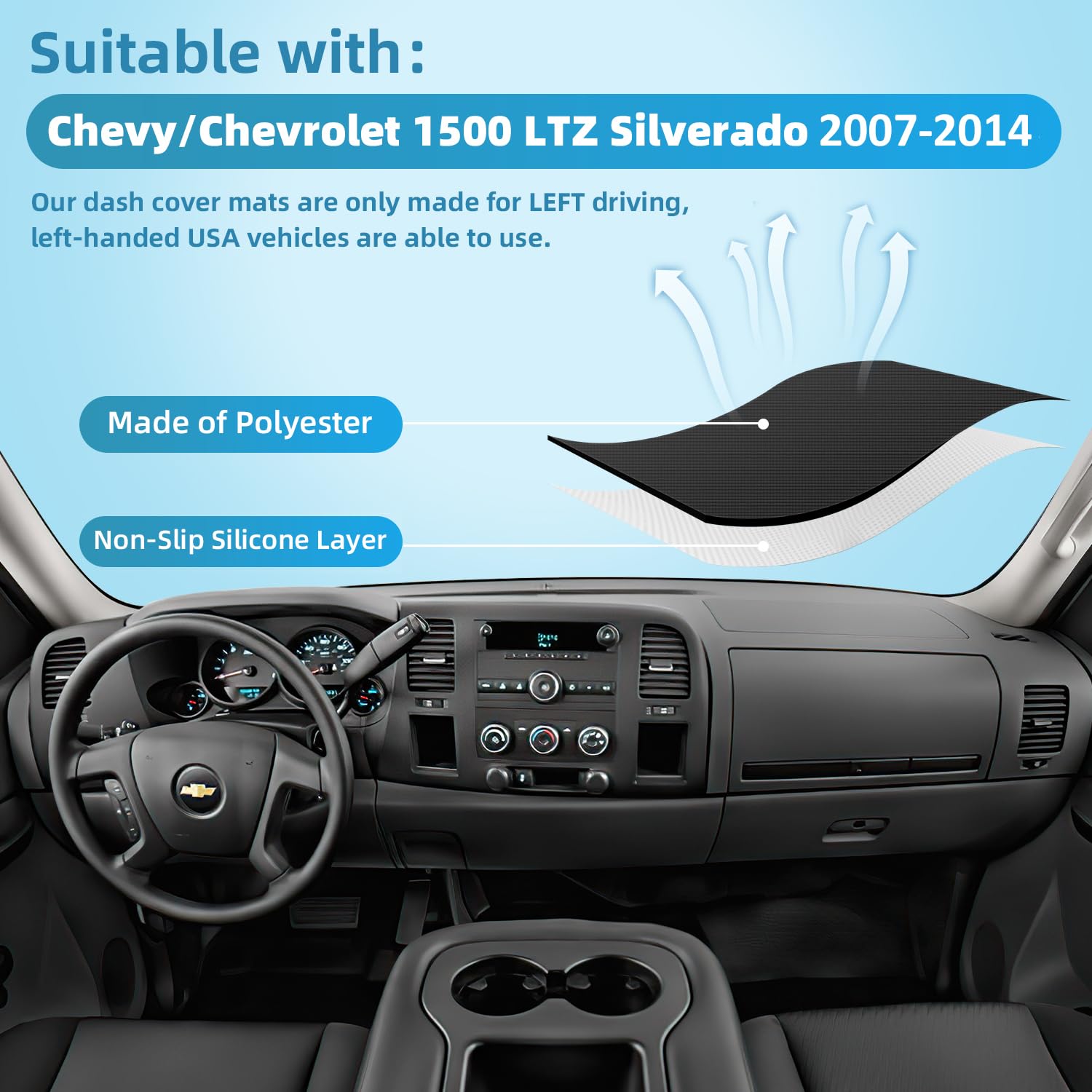 VAFMOLEI Silverado dash cover protects against sun and heat buildup.