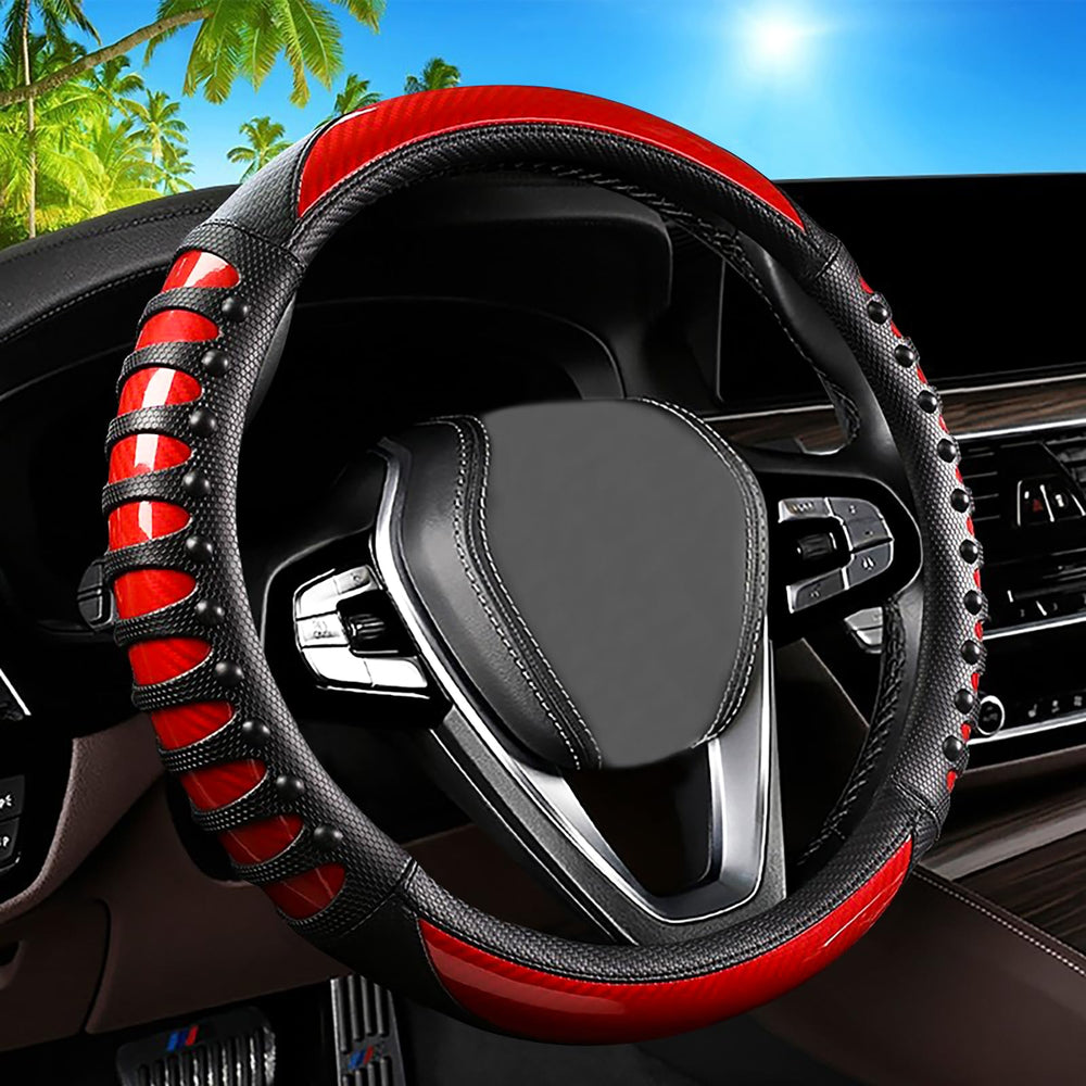 Vaitarkli 3D Massage Carbon Leather steering cover shows premium texture, comfort, and improved grip.