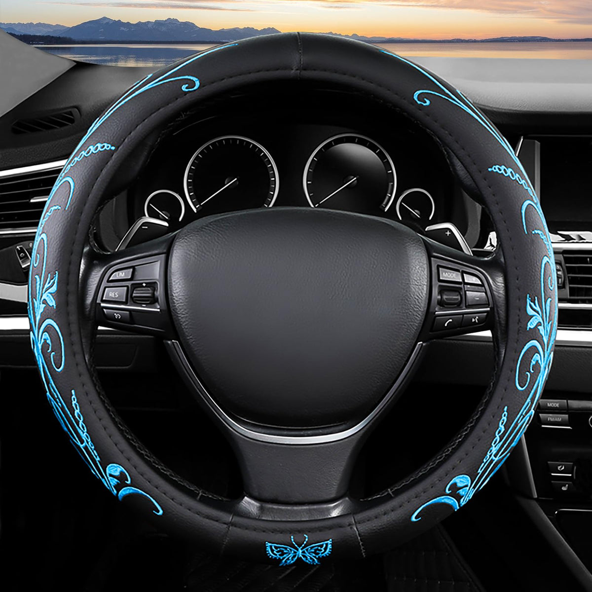 Vaitarkli blue embroidery butterfly steering wheel cover improves grip for comfortable driving.