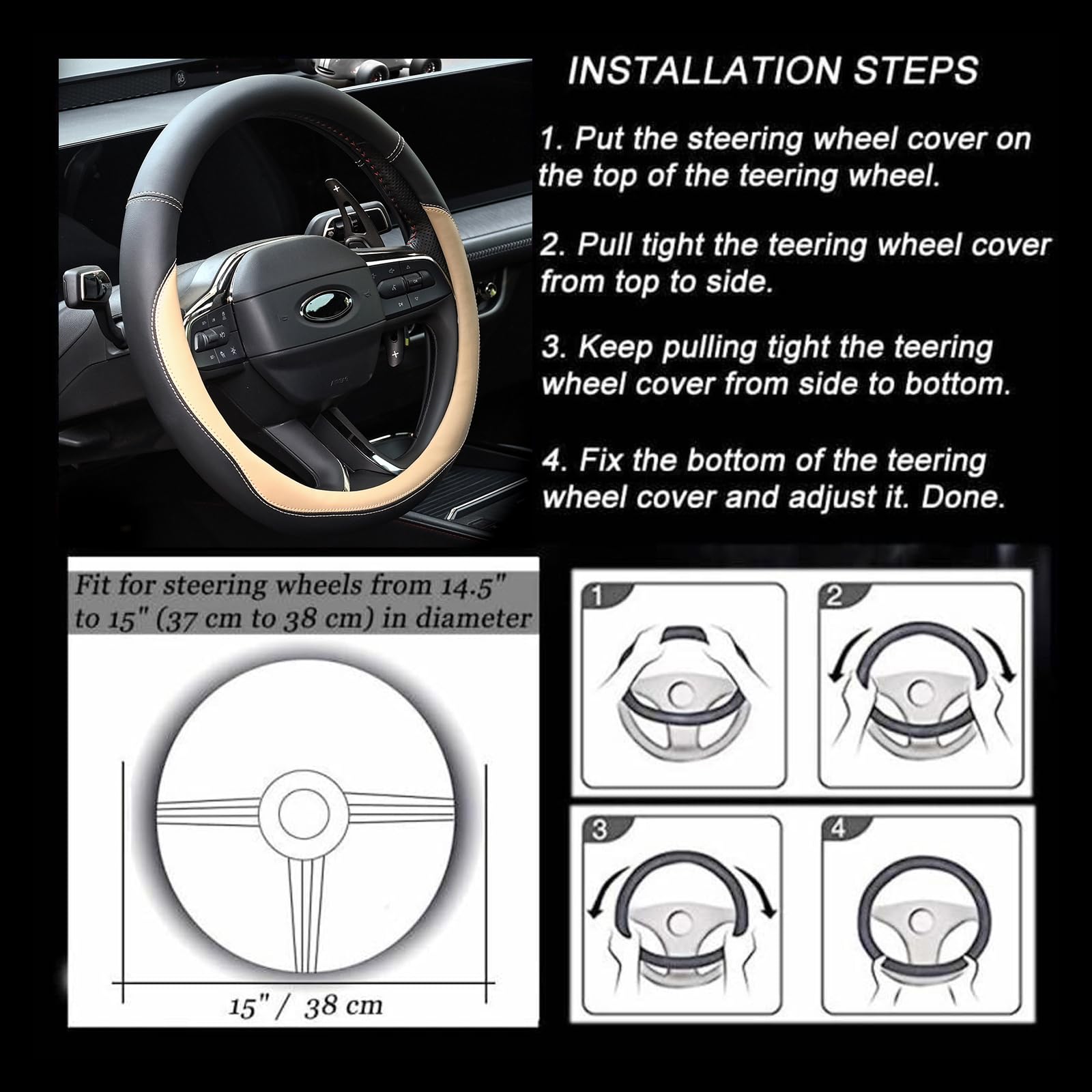 Valleycomfy beige steering cover shown on car wheel for universal fit