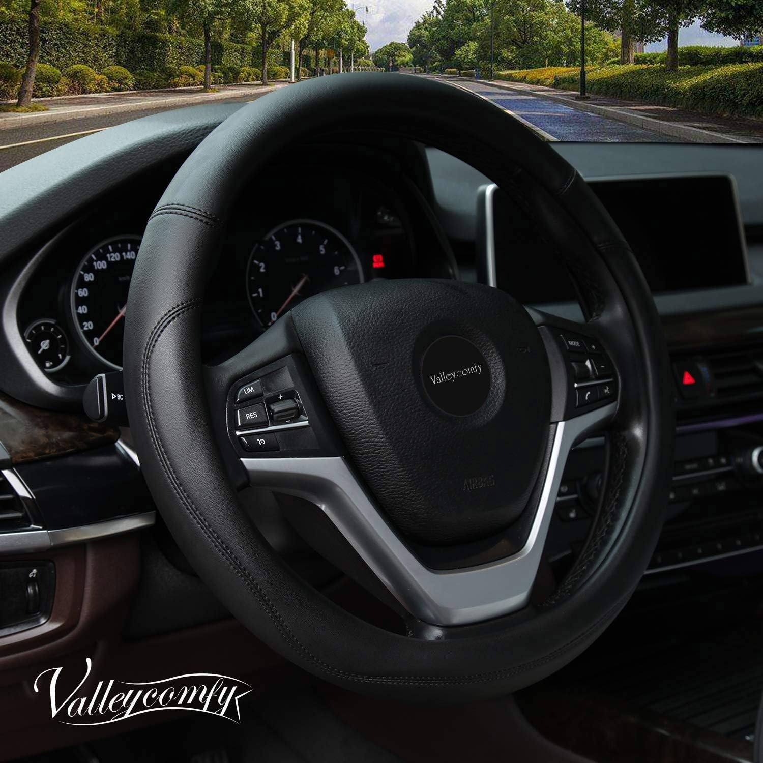 Valleycomfy microfiber leather steering wheel cover in black for enhanced grip