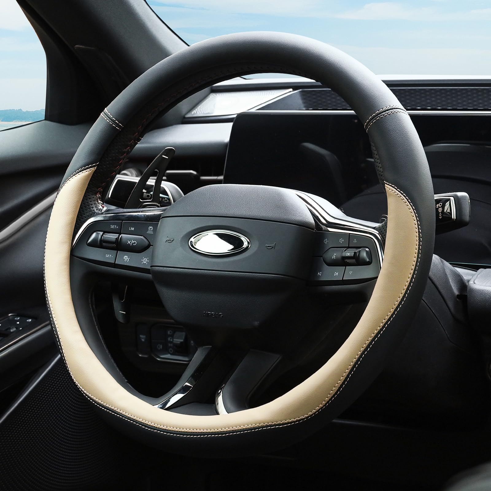 Valleycomfy beige steering cover with rubber inner non-slip surface for better control