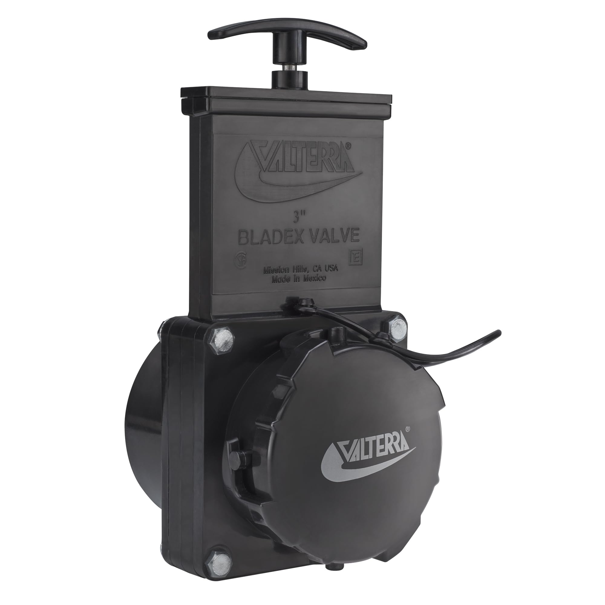 Valterra 3-inch stainless steel RV waste dump valve cap for secure, easy waste management.