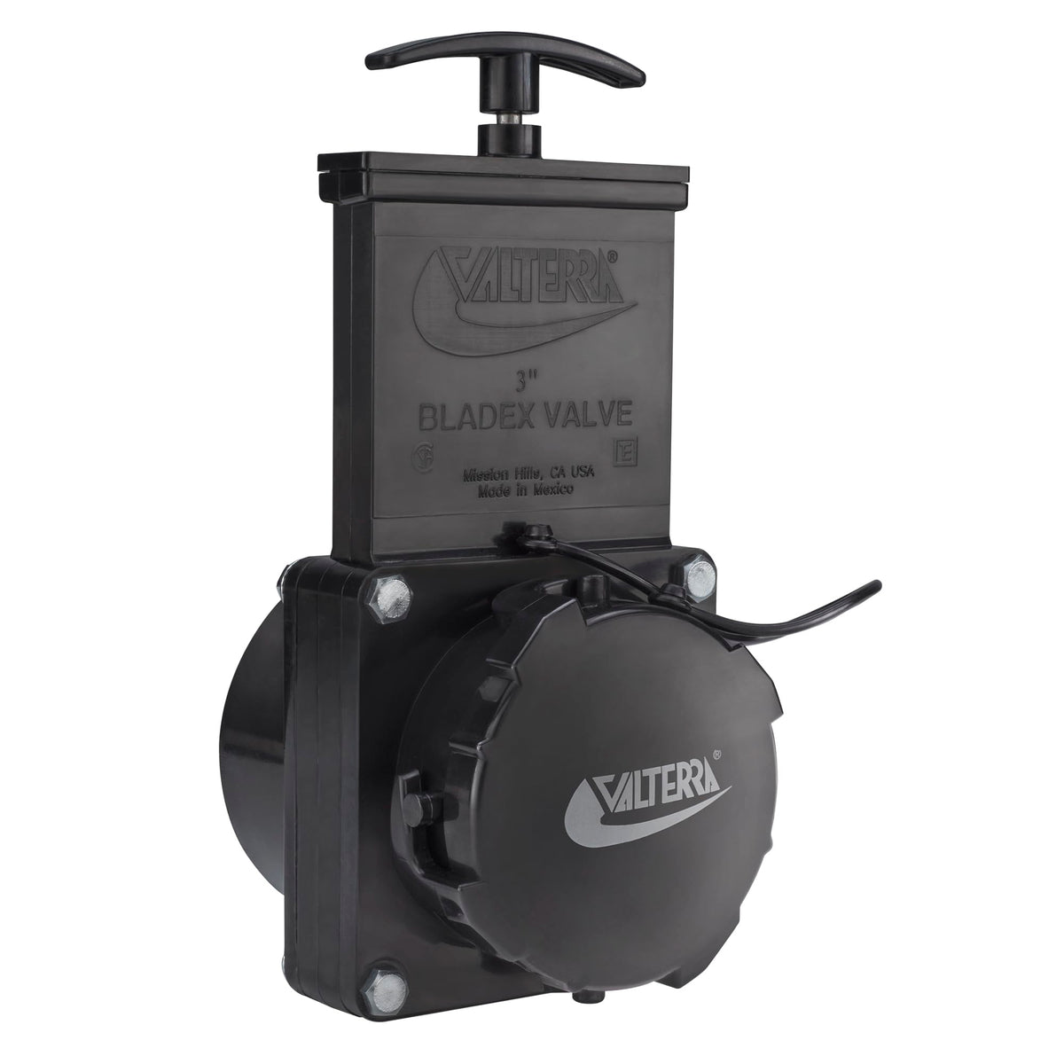 Valterra 3-inch stainless steel RV waste dump valve cap for secure, easy waste management.