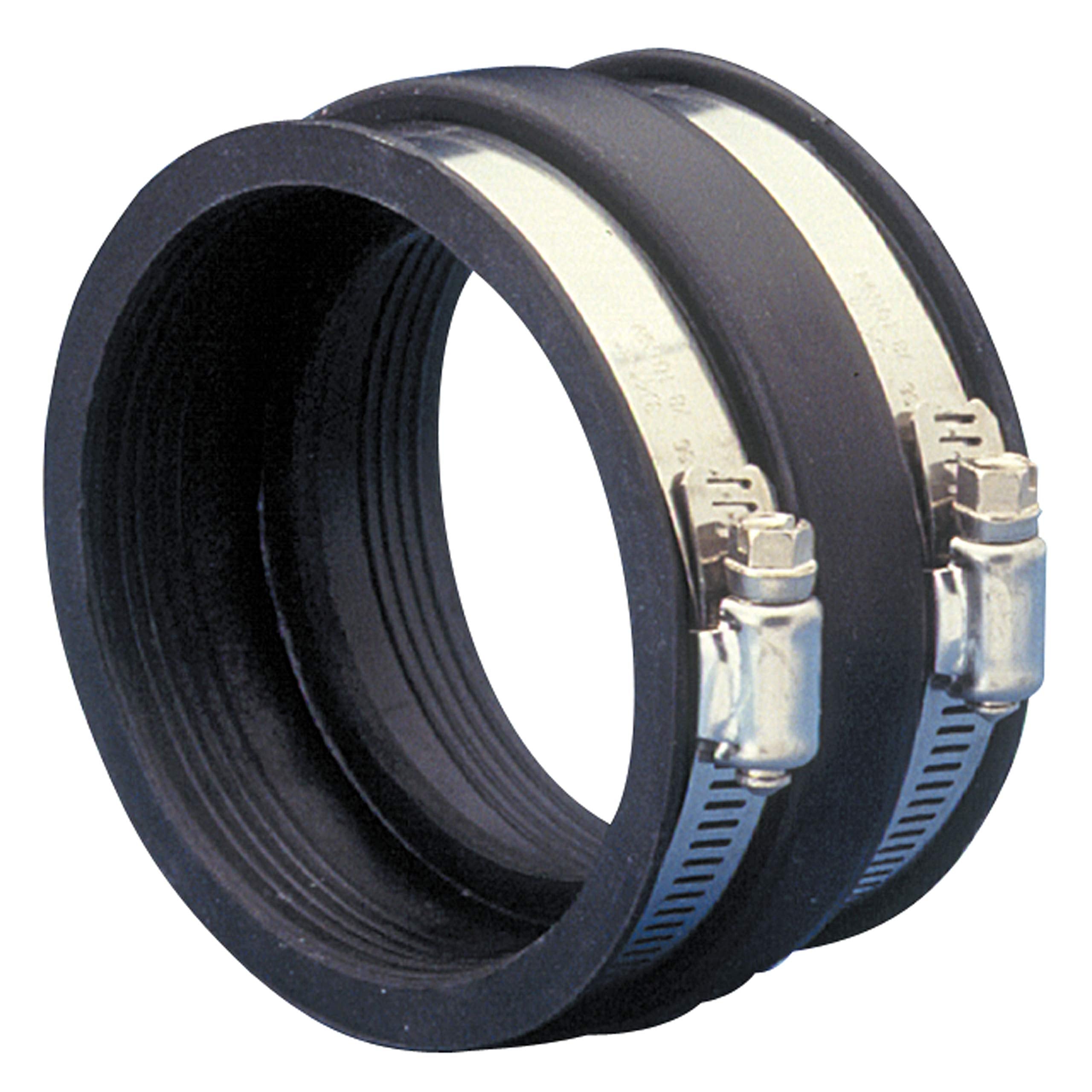 Valterra F02-2103 flexible coupler in black connects RV hoses to rigid ABS pipe for secure drainage.