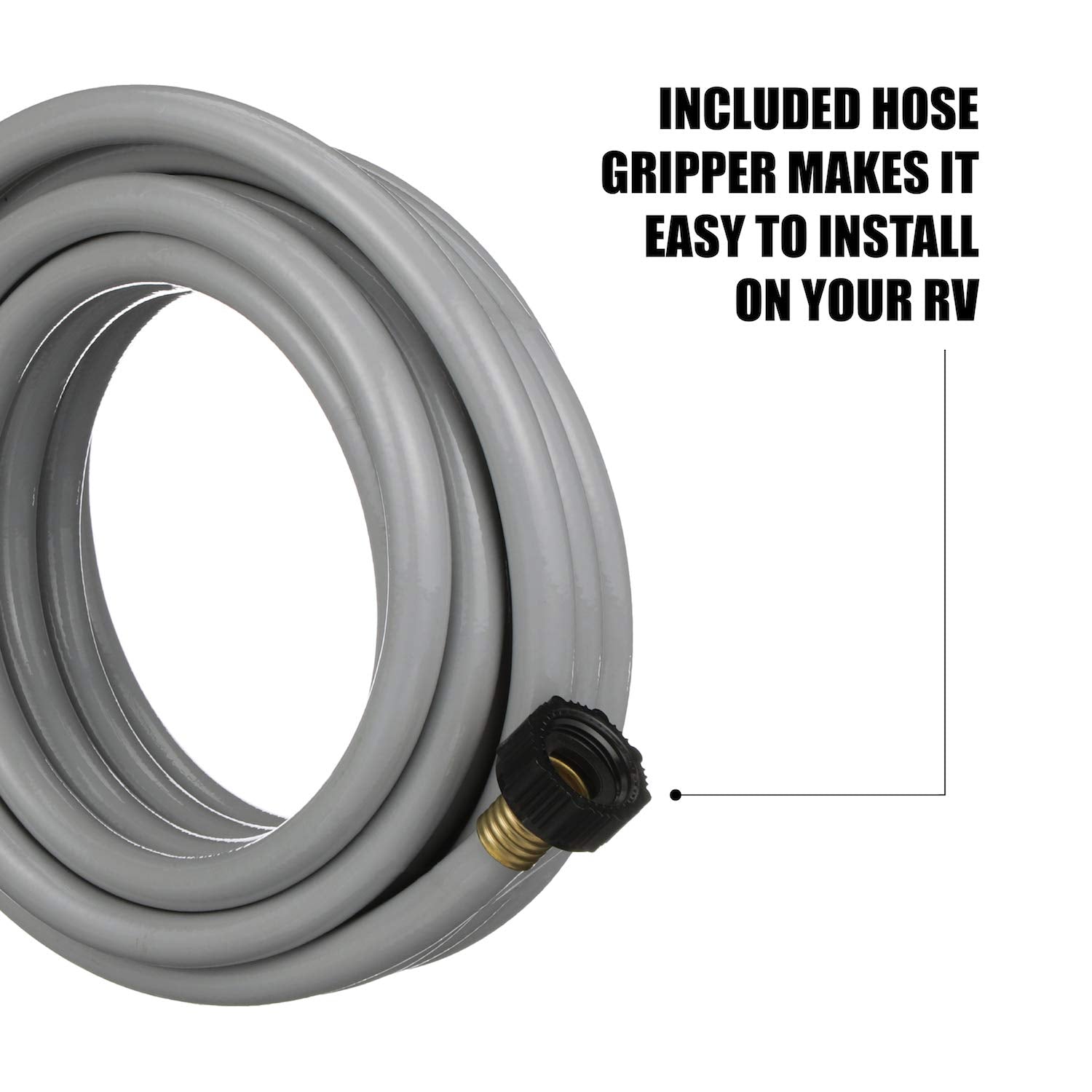 Valterra flushing hose with hose grippers shown on an RV for quick setup