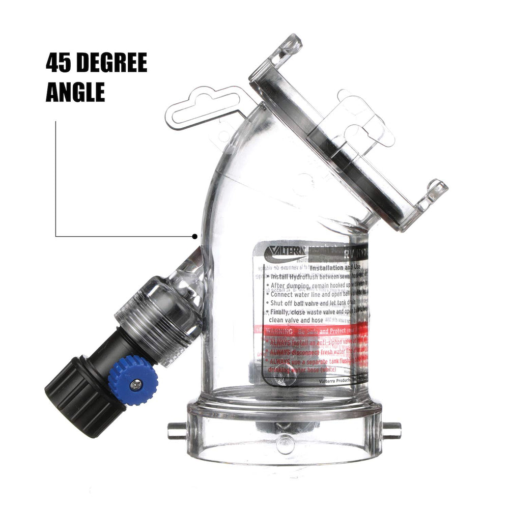 Valterra Hydroflush’s 45-degree angle simplifies draining in tight spaces.