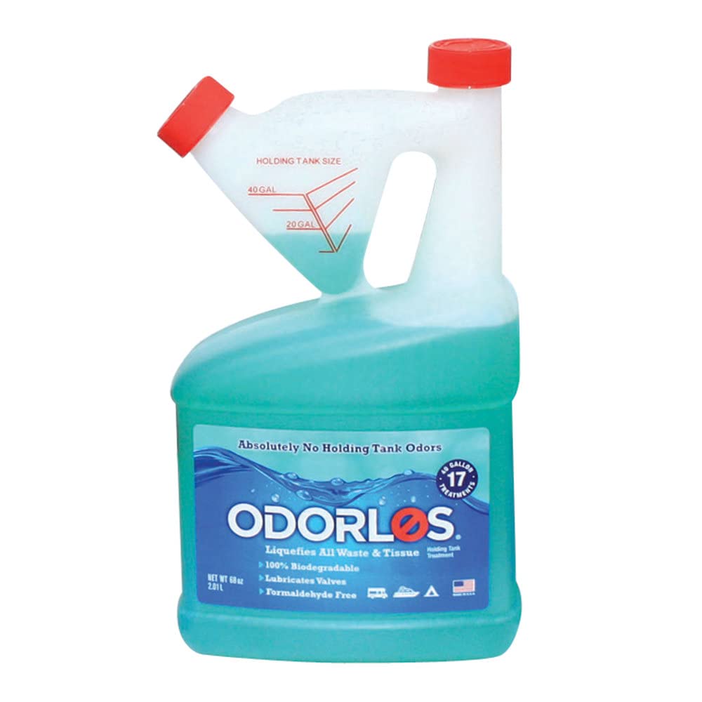 Valterra Odorlos V77003 bottle pour showing easy measured dose for odor control in RV tanks.