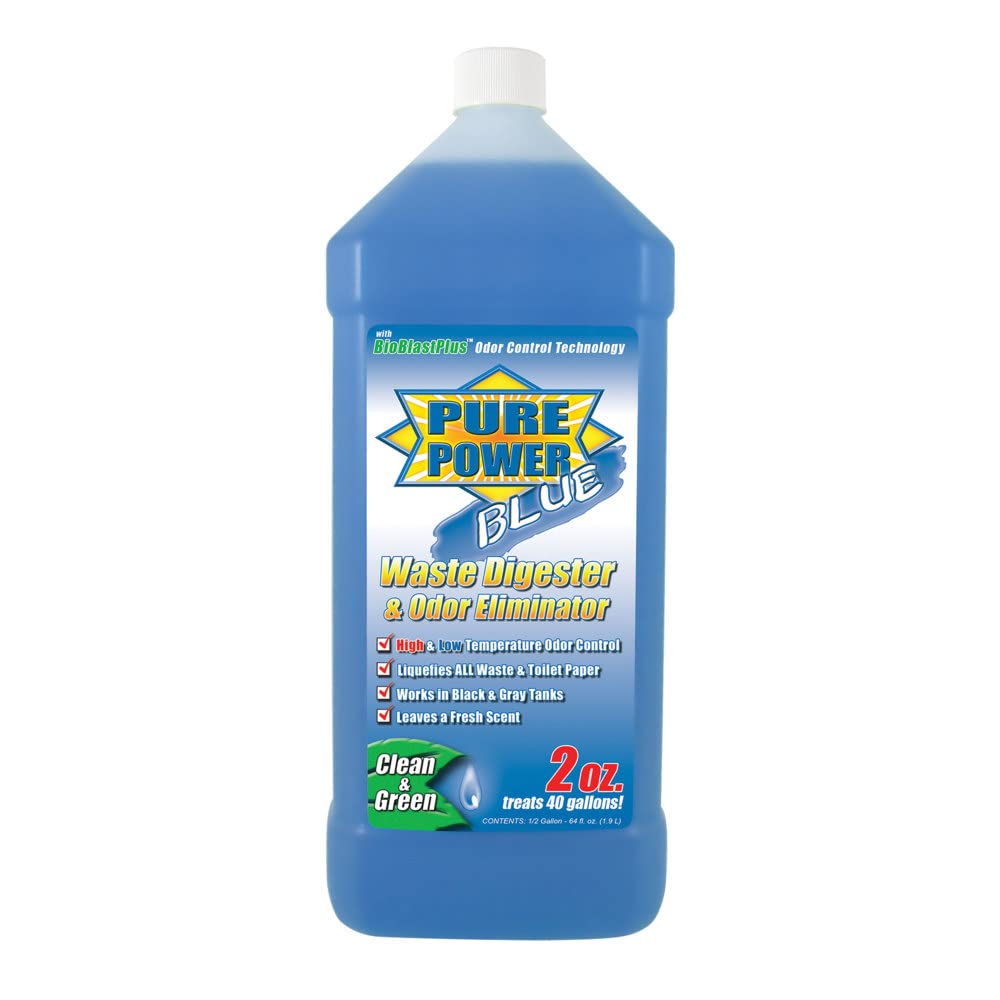 Valterra Pure Power Blue bottle demonstrates odor control and fresh scent for RV tanks