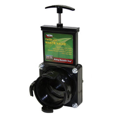 Valterra T58 twist-on waste valve front view, universal fit and easy installation.