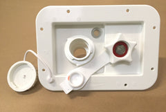 Valterra white city-water connection setup with garden hose for easy filling.