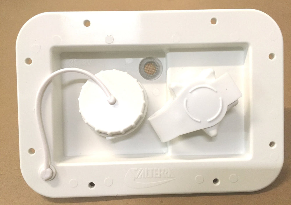 Valterra white gravity-fill dish with city water hookup for RV tanks.