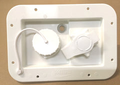Valterra white gravity-fill dish with city water hookup for RV tanks.