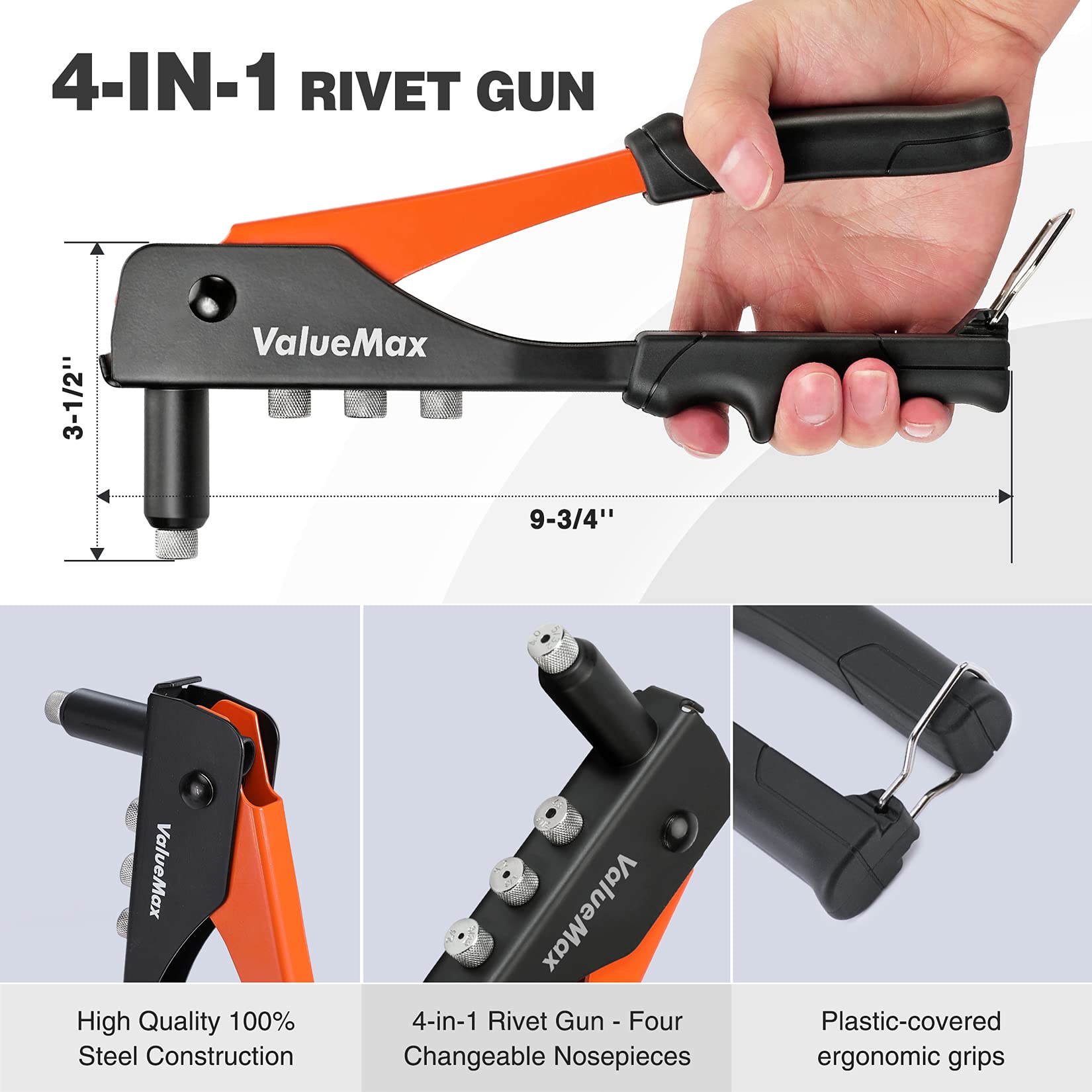 ValueMax rivet sizes 3/32in to 3/16in for various rivets.