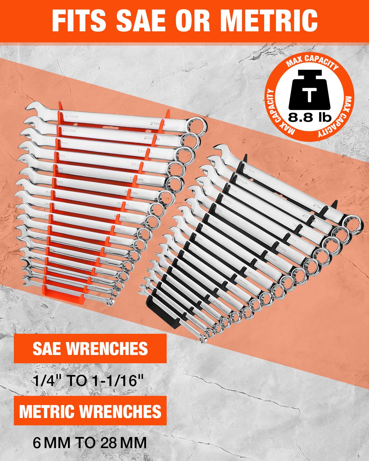 ValueMax two-pack organizer separates SAE and metric wrenches by color for quick access.
