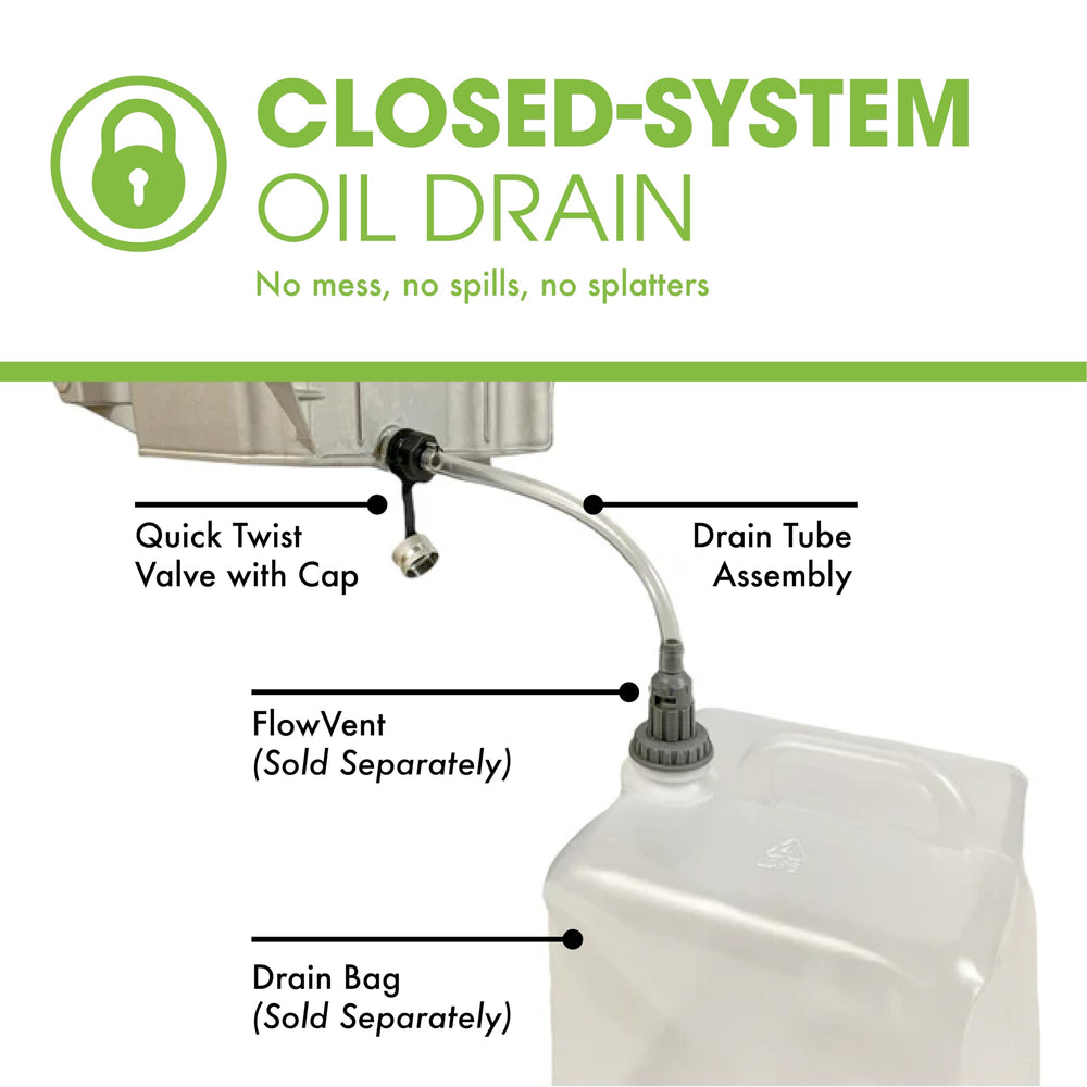 ValvoMax No tools required for quick, tool-free oil drain setup.