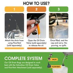 ValvoMax collapsible clear bag for easy oil collection.