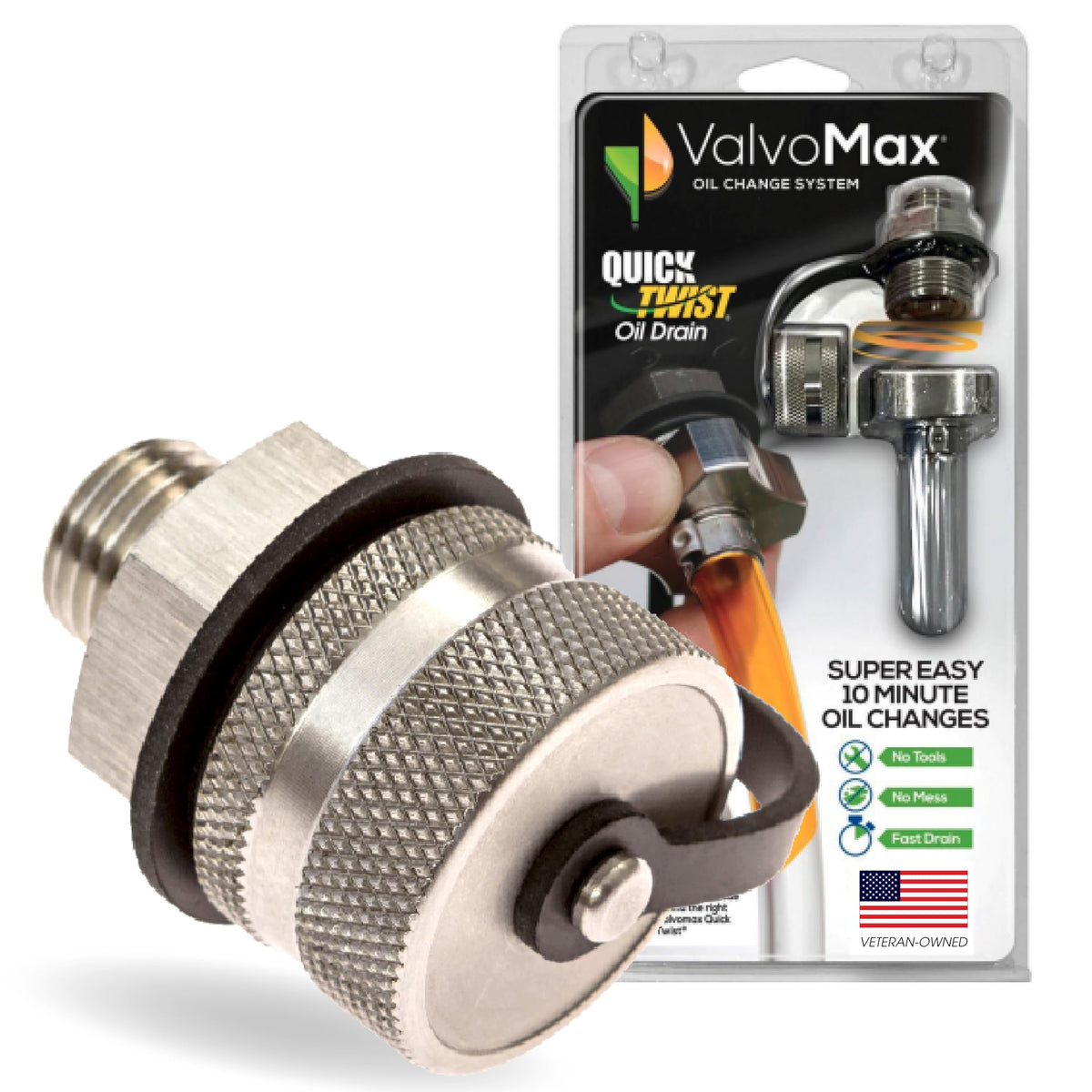ValvoMax Quick Twist Oil Drain Valve in use for mess-free home oil changes.