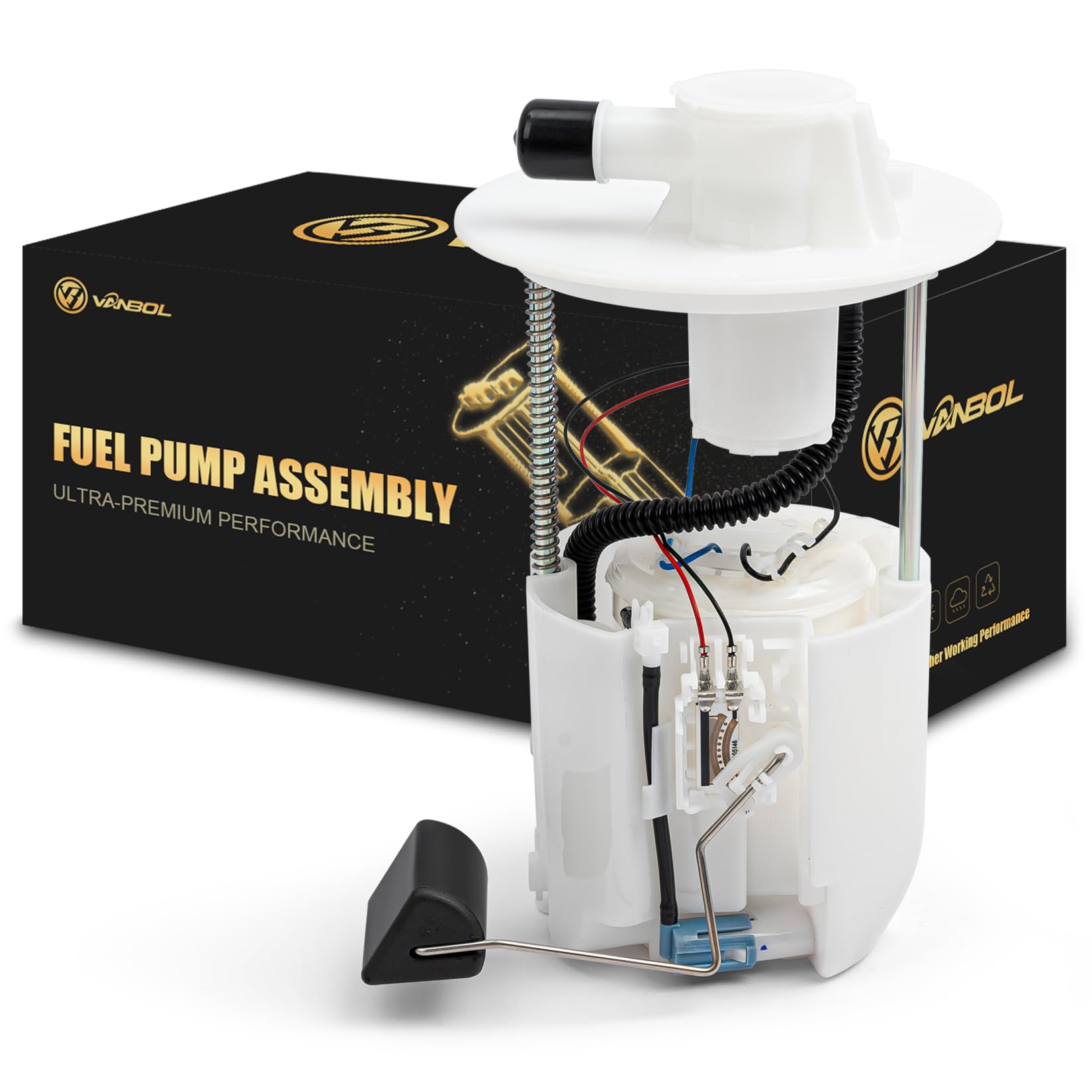 Vanbol electric fuel pump module assembly front view emphasizes durable construction for Toyota and Pontiac models.