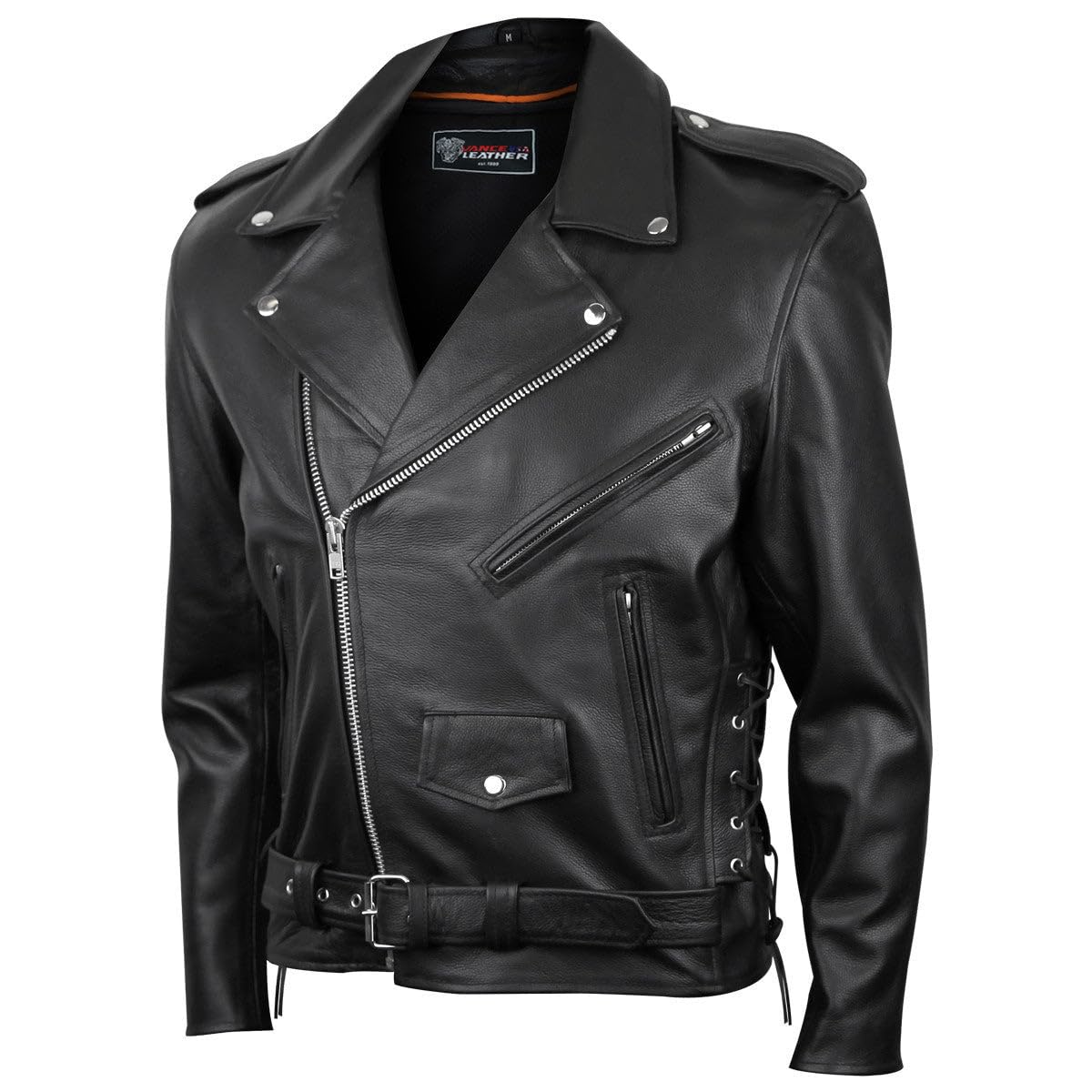 Vance Leather men's conceal carry jacket front view highlighting premium cowhide and rugged riding style.