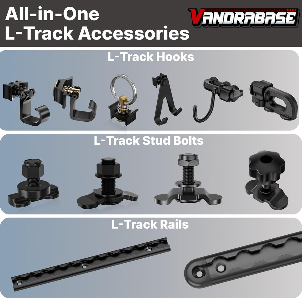 Vandrabase L Track hooks support up to 100 lbs per hook.