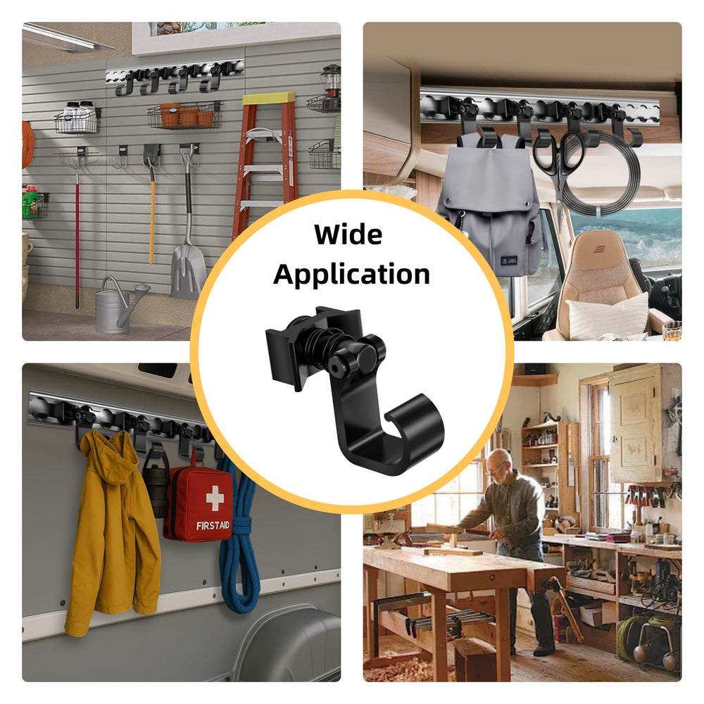 Vandrabase L Track hooks in garage keeping tools and cords off the floor.