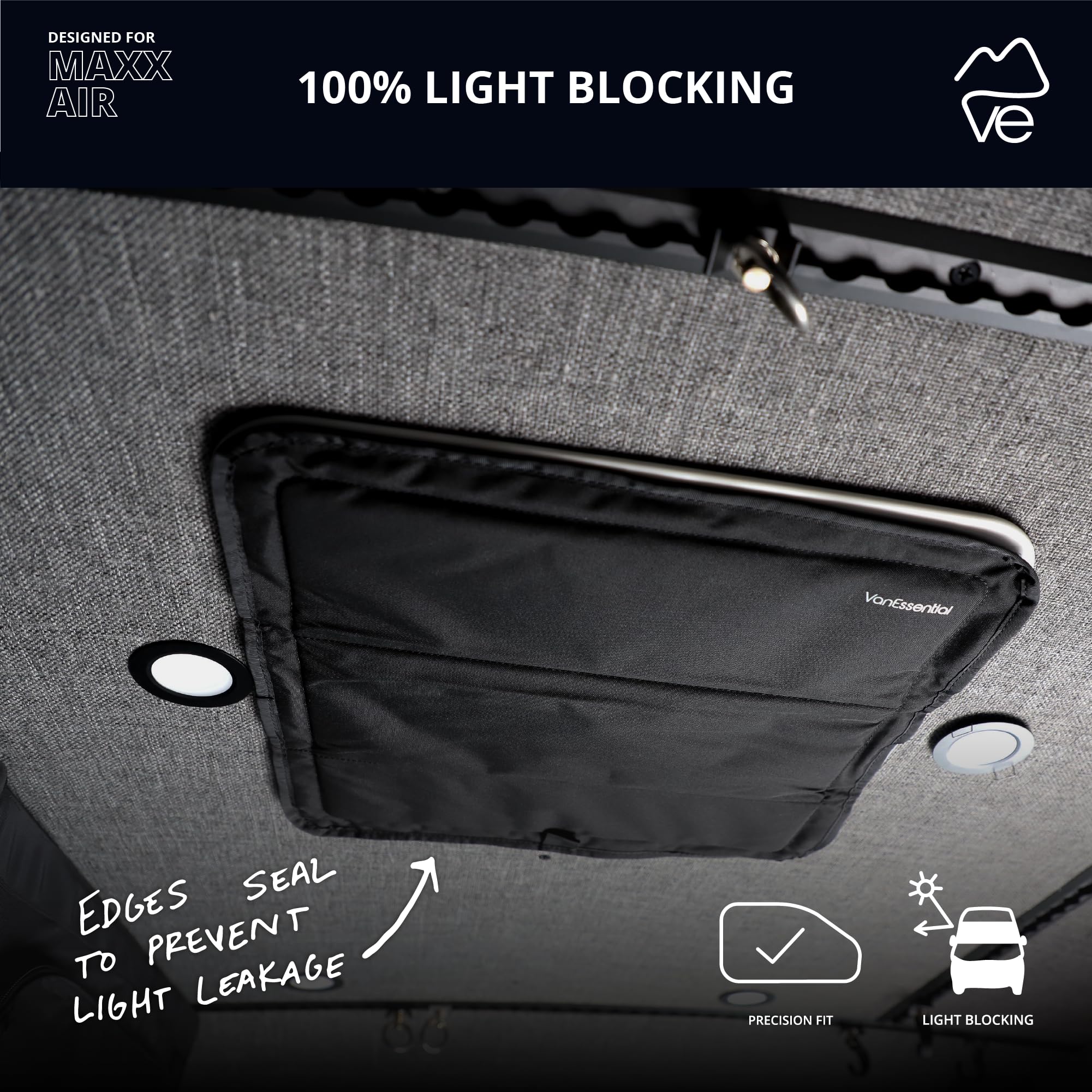VanEssential blackout fabric blocks light for privacy inside the van.