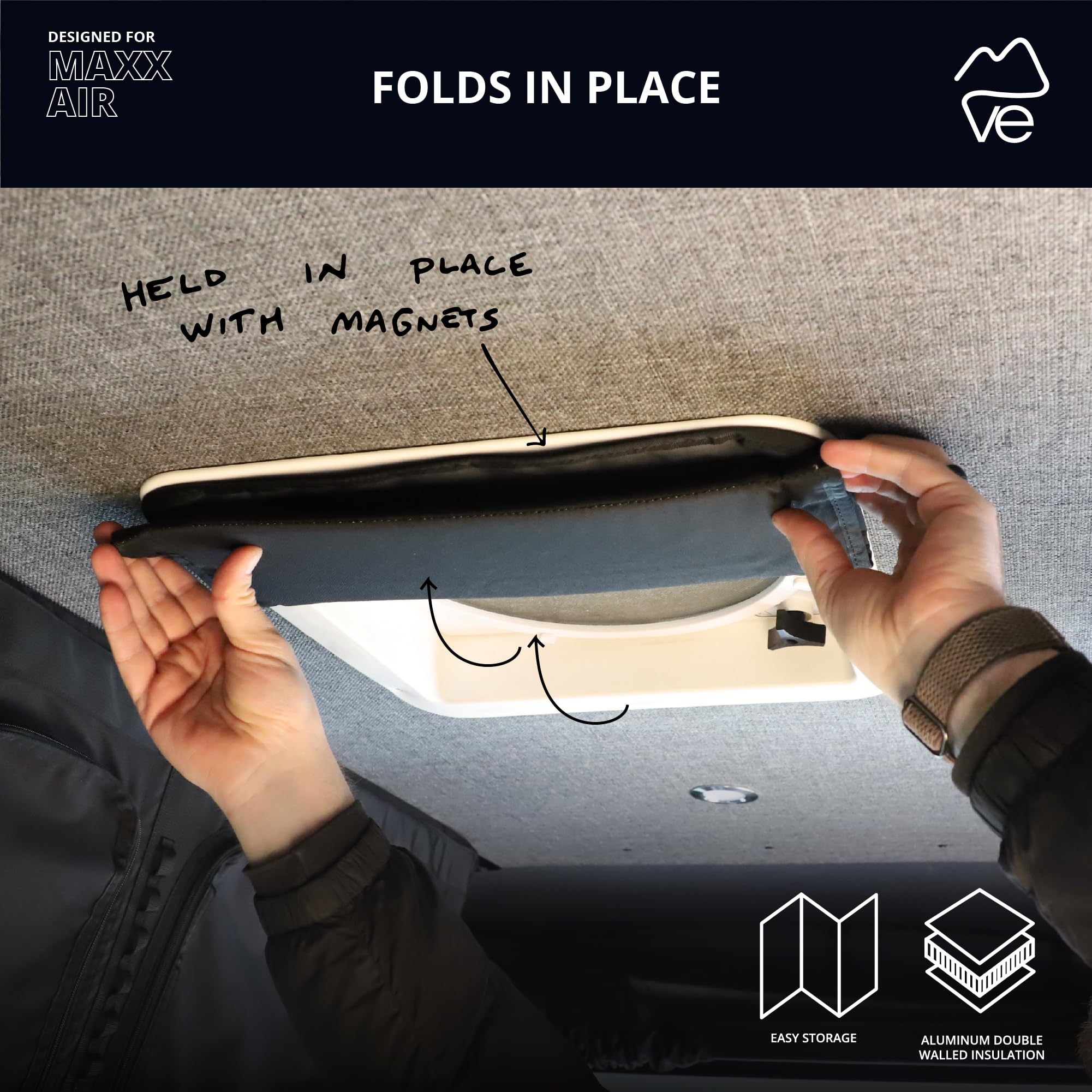 VanEssential magnetic insulated roof vent cover on Fantastic Fan enhances privacy and shade.