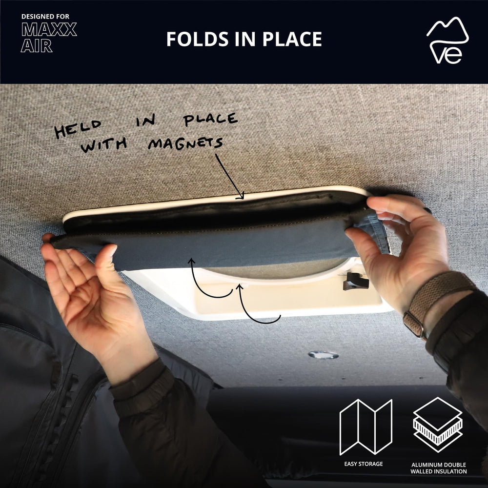 VanEssential magnetic insulated roof vent cover on Fantastic Fan enhances privacy and shade.