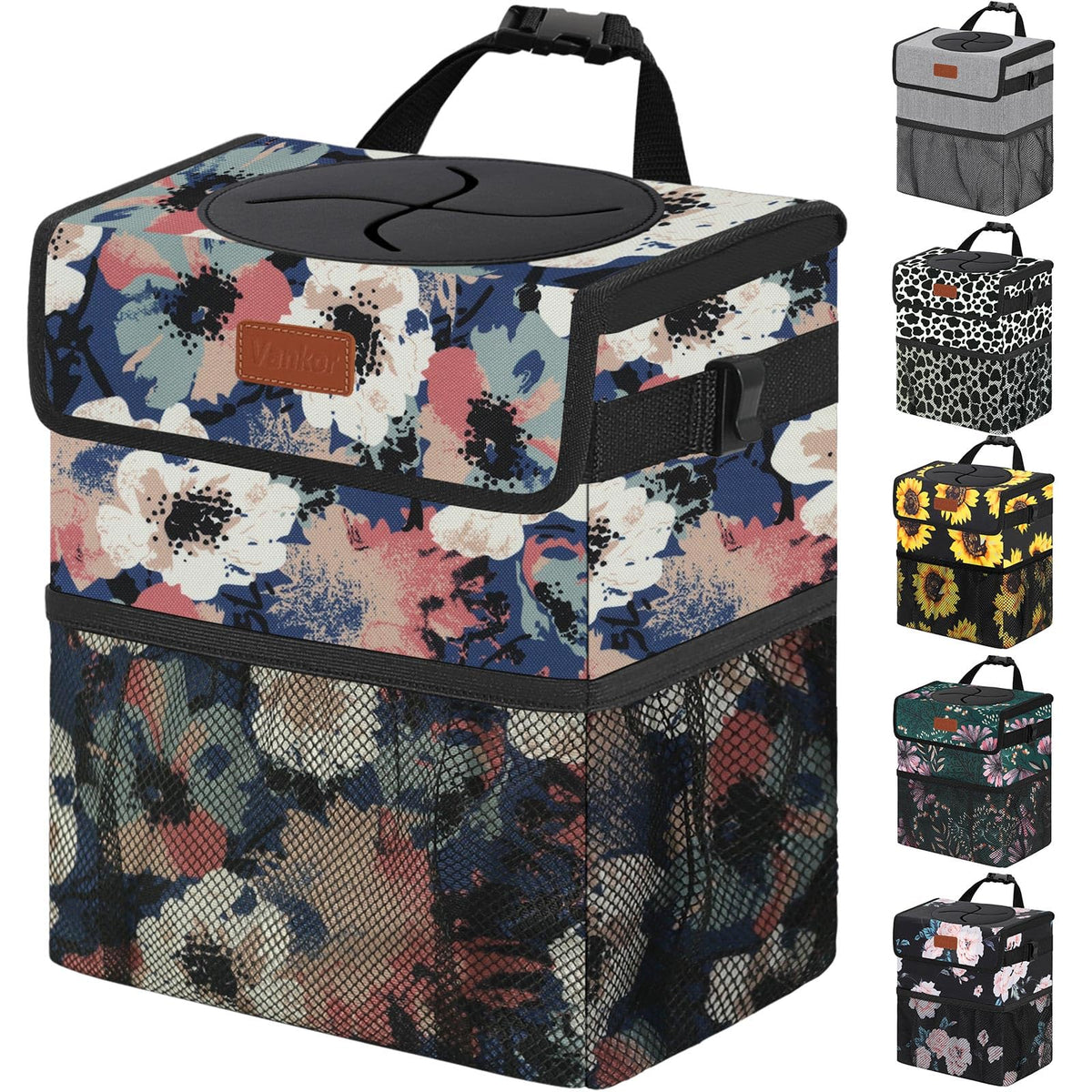 Vankor car trash can with cute floral painting for stylish on-the-go disposal.