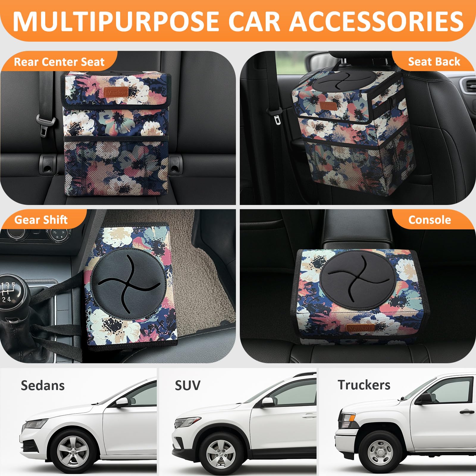 Vankor compact car trash can fits neatly in your vehicle for convenient disposal.