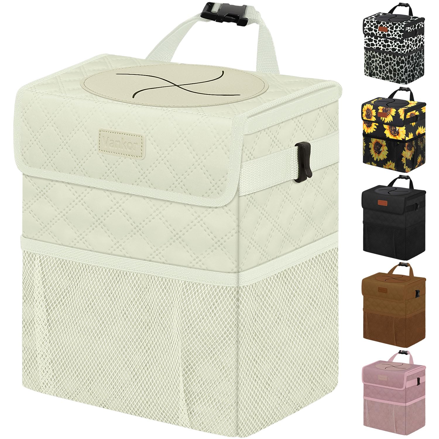 Vankor white car trash can with lid improves cabin cleanliness