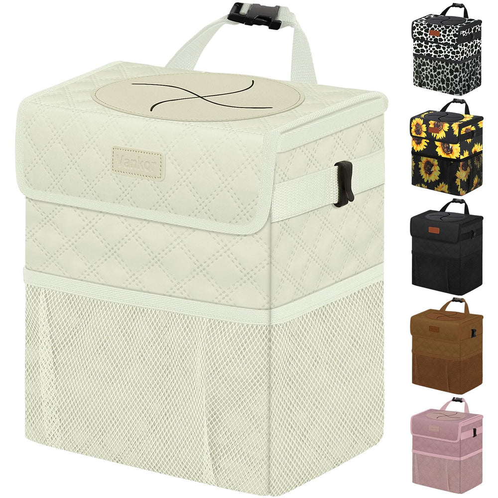 Vankor white car trash can with lid improves cabin cleanliness