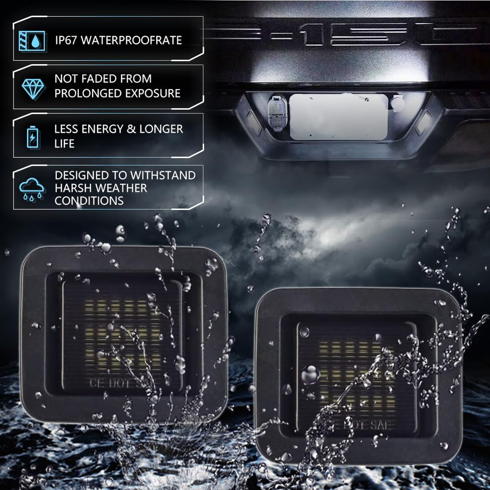VANKUB license light housing and PC lens emphasize waterproof, heat-resistant design.