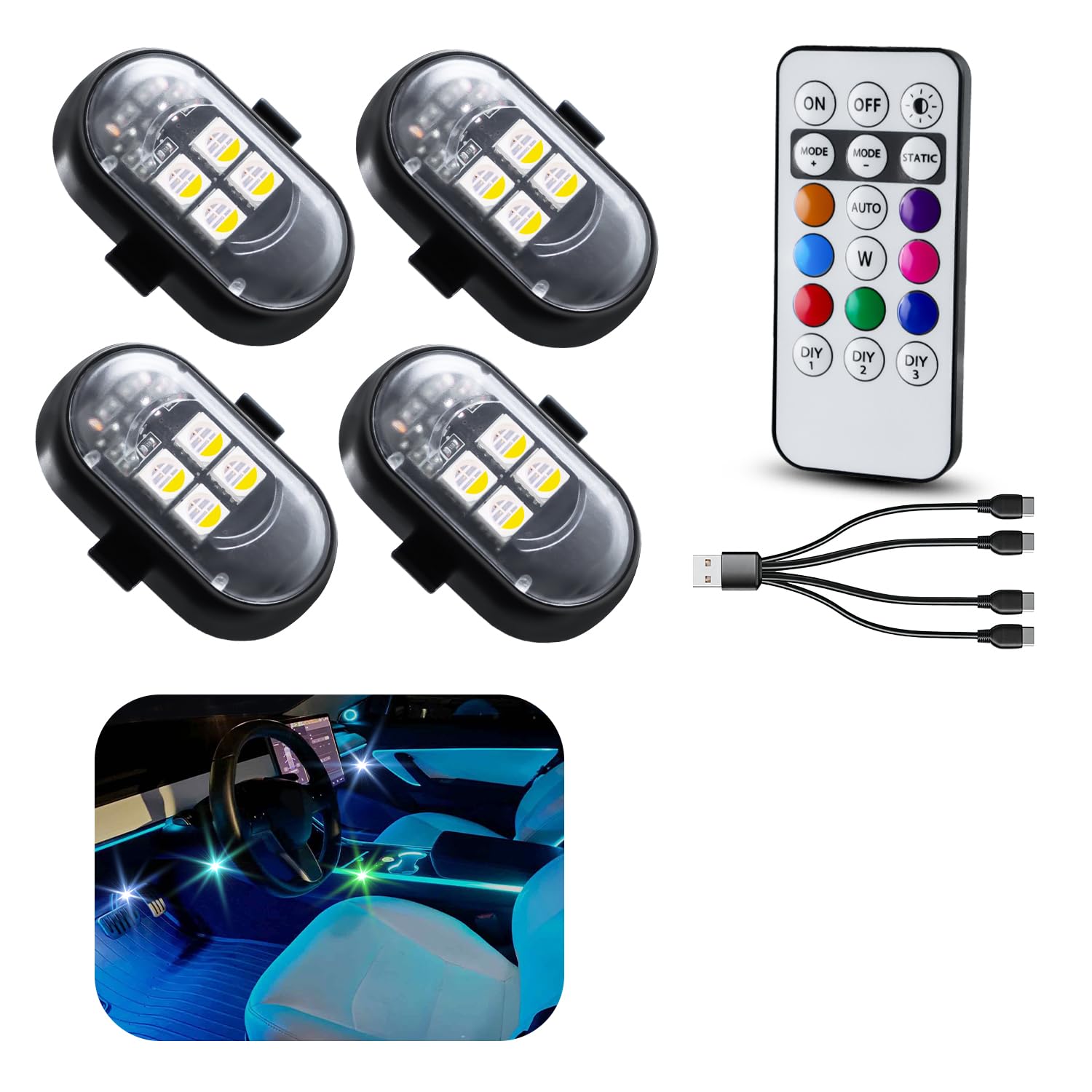 VANKUB upgraded 4PCS wireless LED lights for car with remote illuminate the interior.