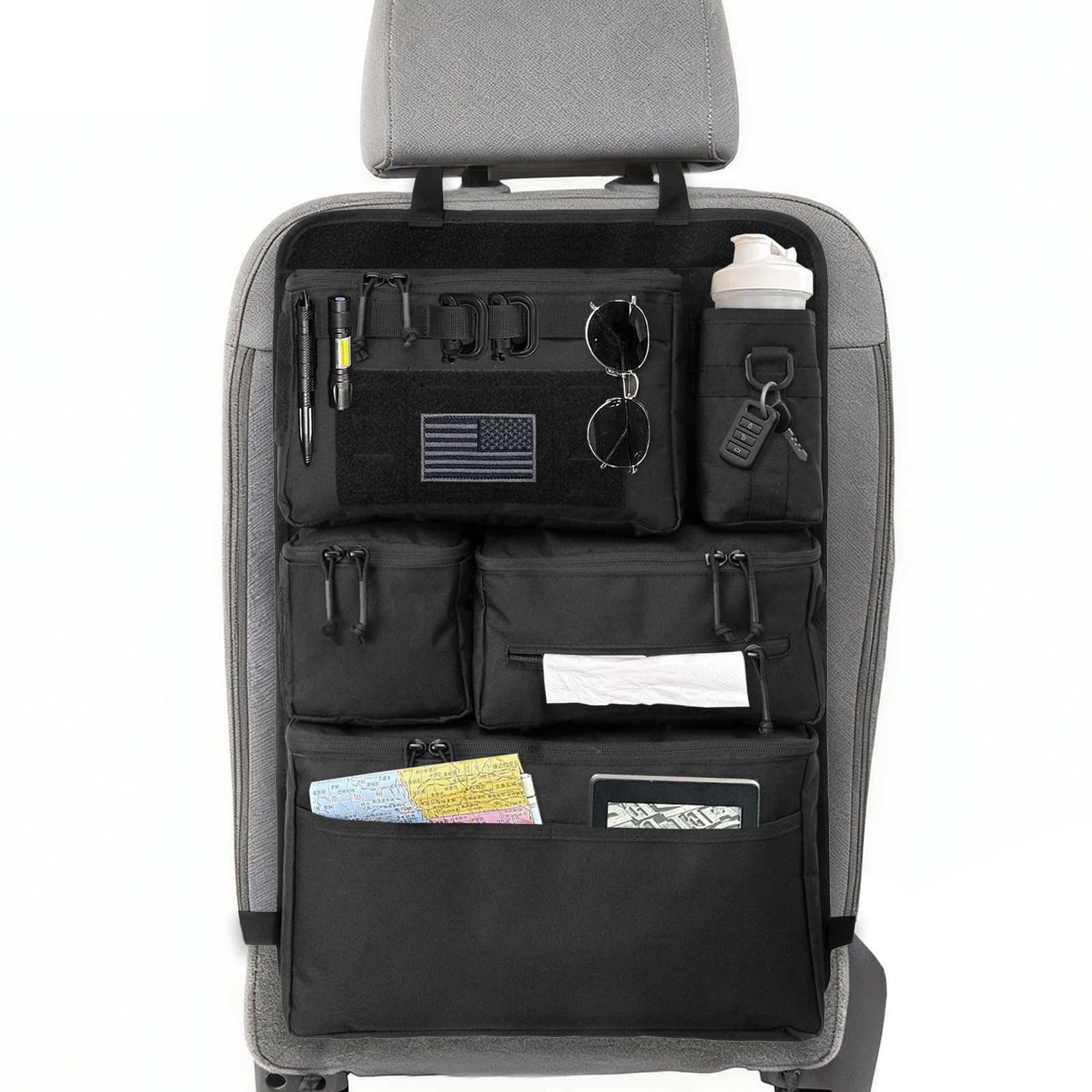 Vanlutone tactical seat back organizer with MOLLE panel for organized car storage.