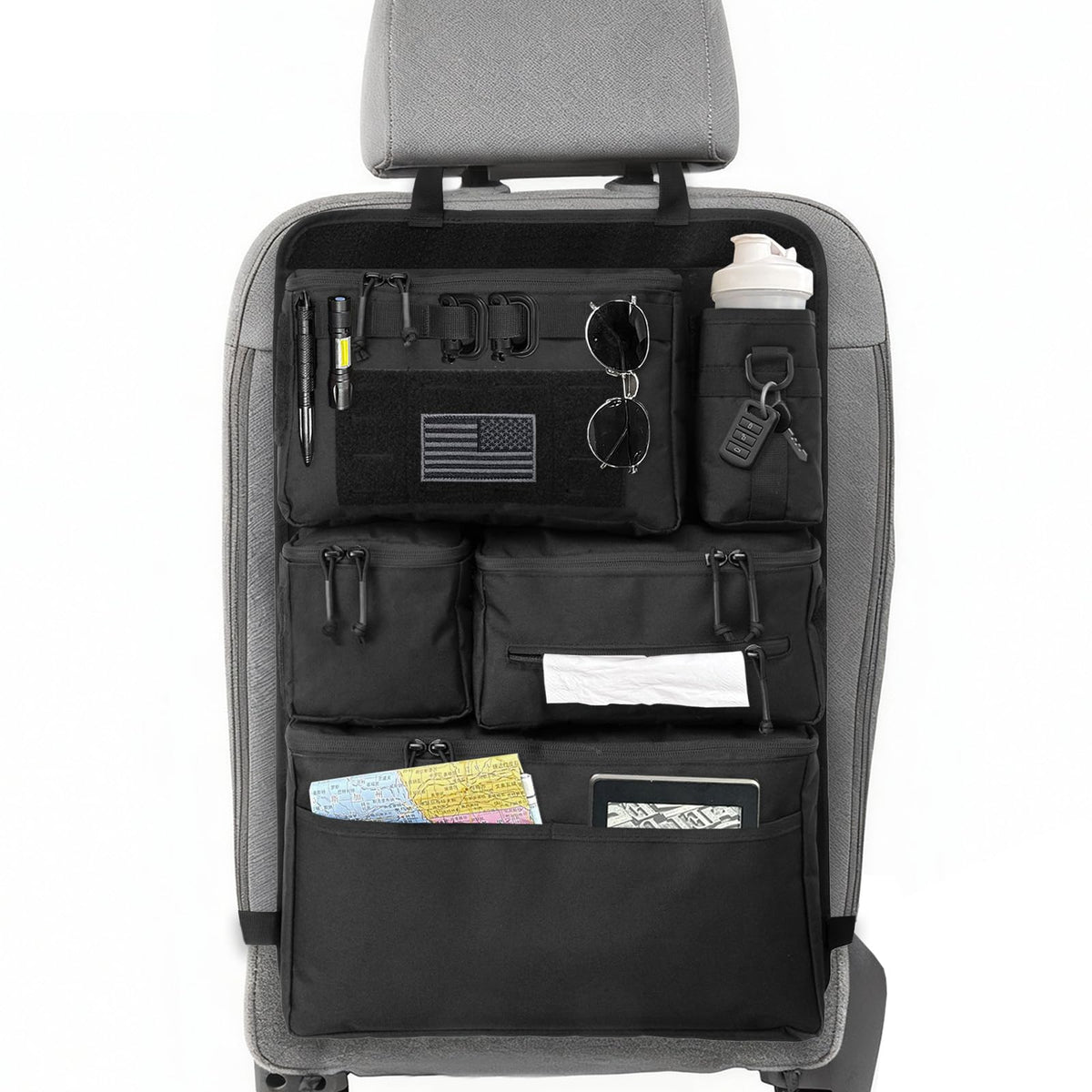 Vanlutone tactical seat back organizer with MOLLE panel for organized car storage.