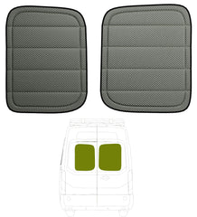 VANNCAMP Extrathick rear door window cover on Ford Transit with magnetic fit for privacy and heat control.
