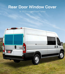 Window cover mounted on Ford Transit rear door using magnets for quick setup and security.