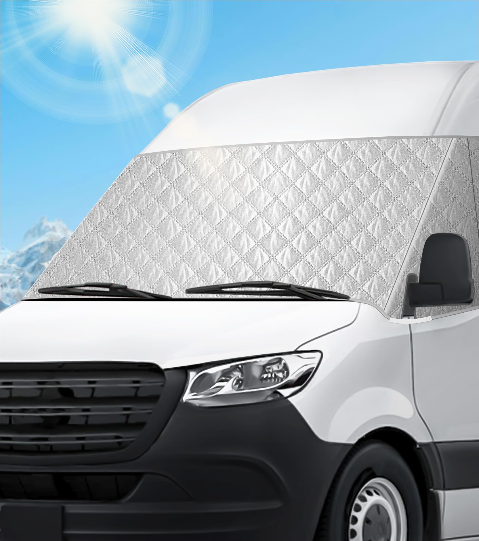 VANNCAMP windshield cover front view on Mercedes Sprinter for UV protection and privacy.