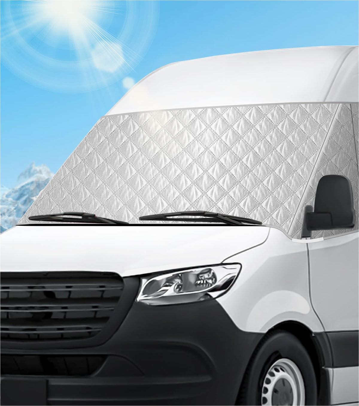 VANNCAMP windshield cover front view on Mercedes Sprinter for UV protection and privacy.