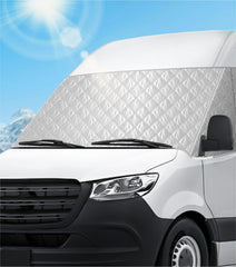 VANNCAMP windshield cover front view on Mercedes Sprinter for UV protection and privacy.
