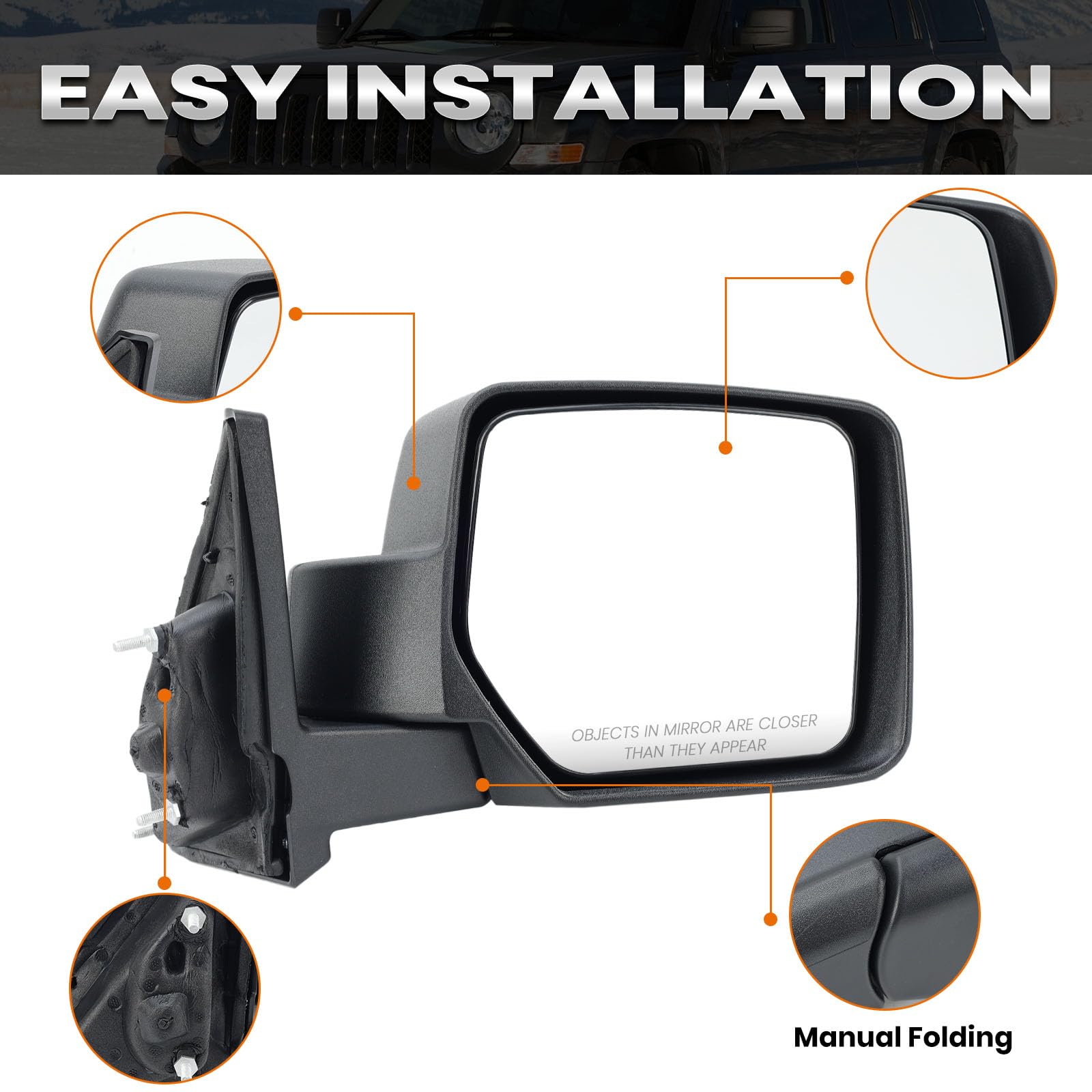 Vanology Jeep Patriot mirror with manual folding for easy adjustments