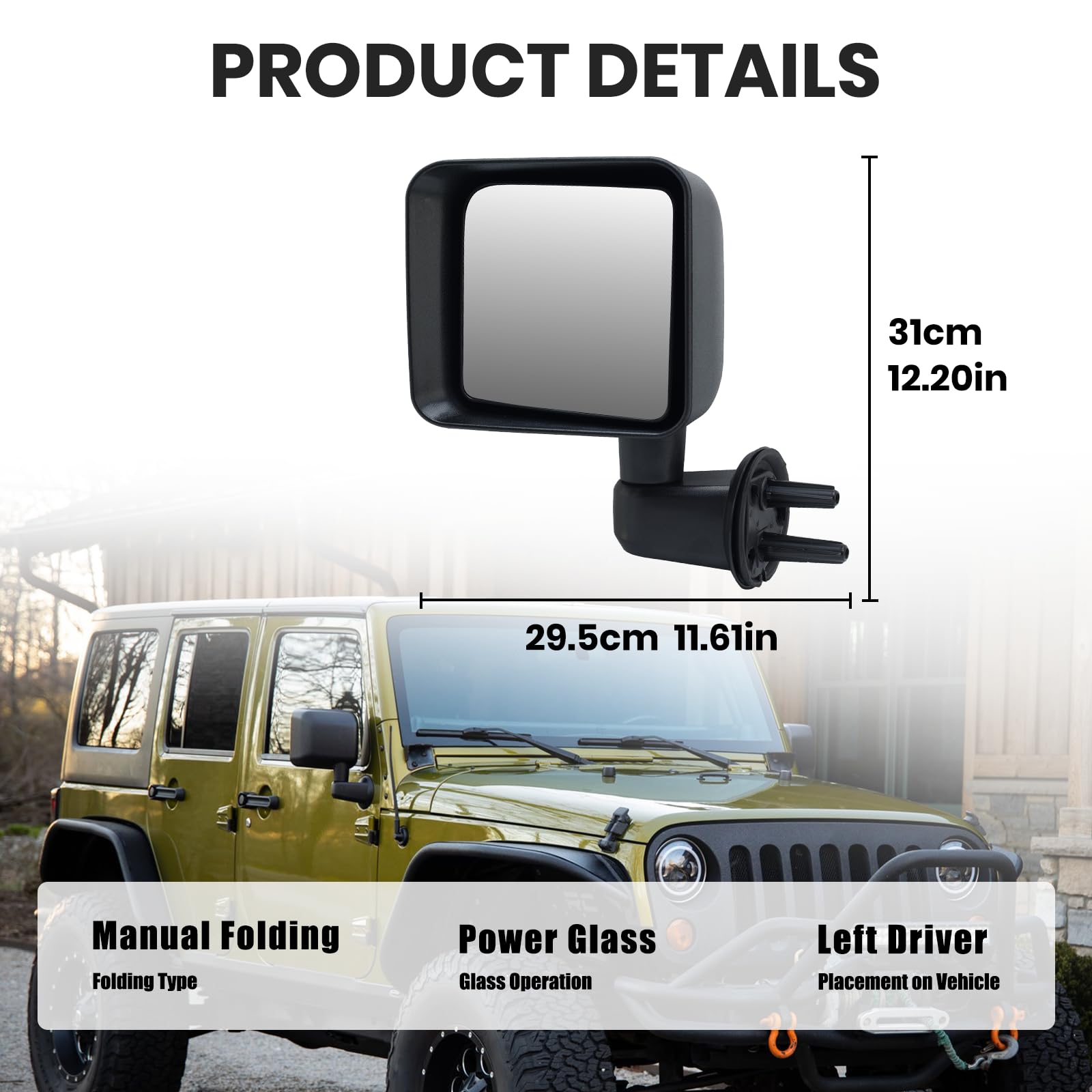 VANLOGY left driver side mirror for Jeep Wrangler JK side profile, durable housing