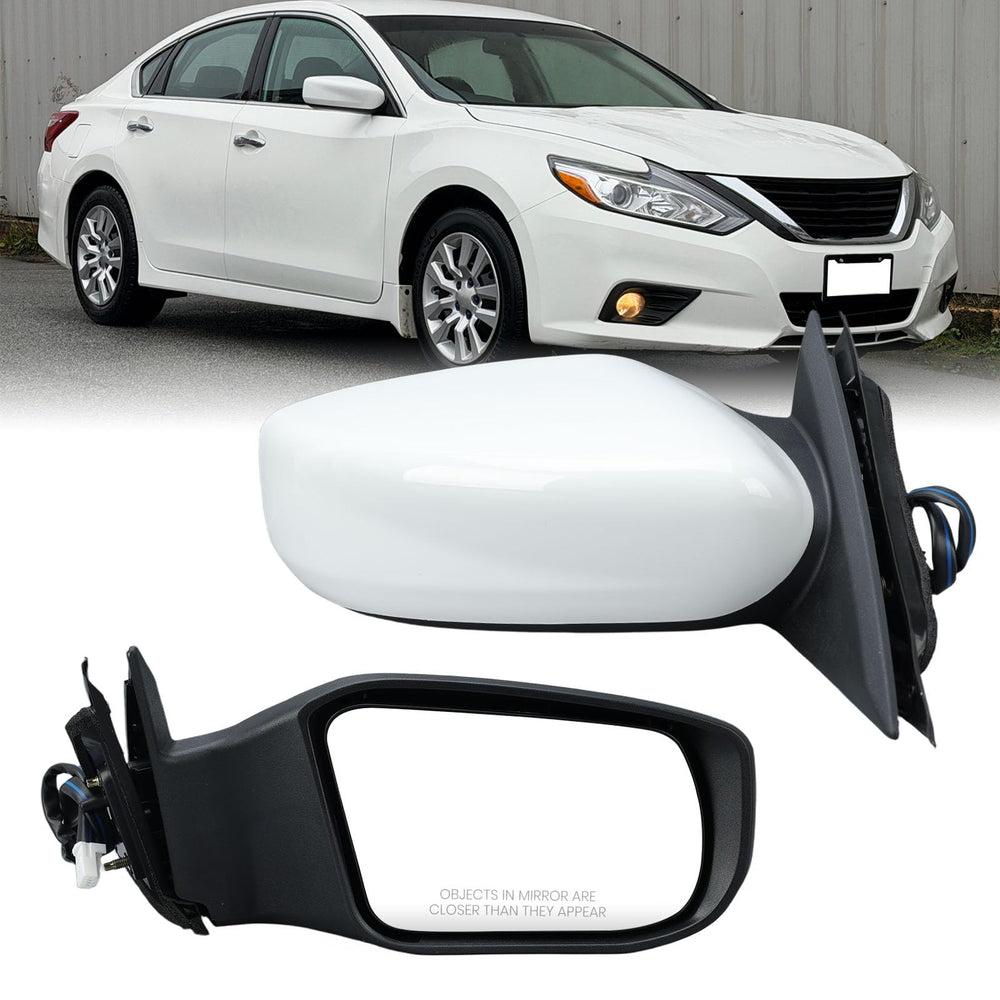 Vanology right passenger white side mirror with power glass for Nissan Altima, front angle enhances visibility.