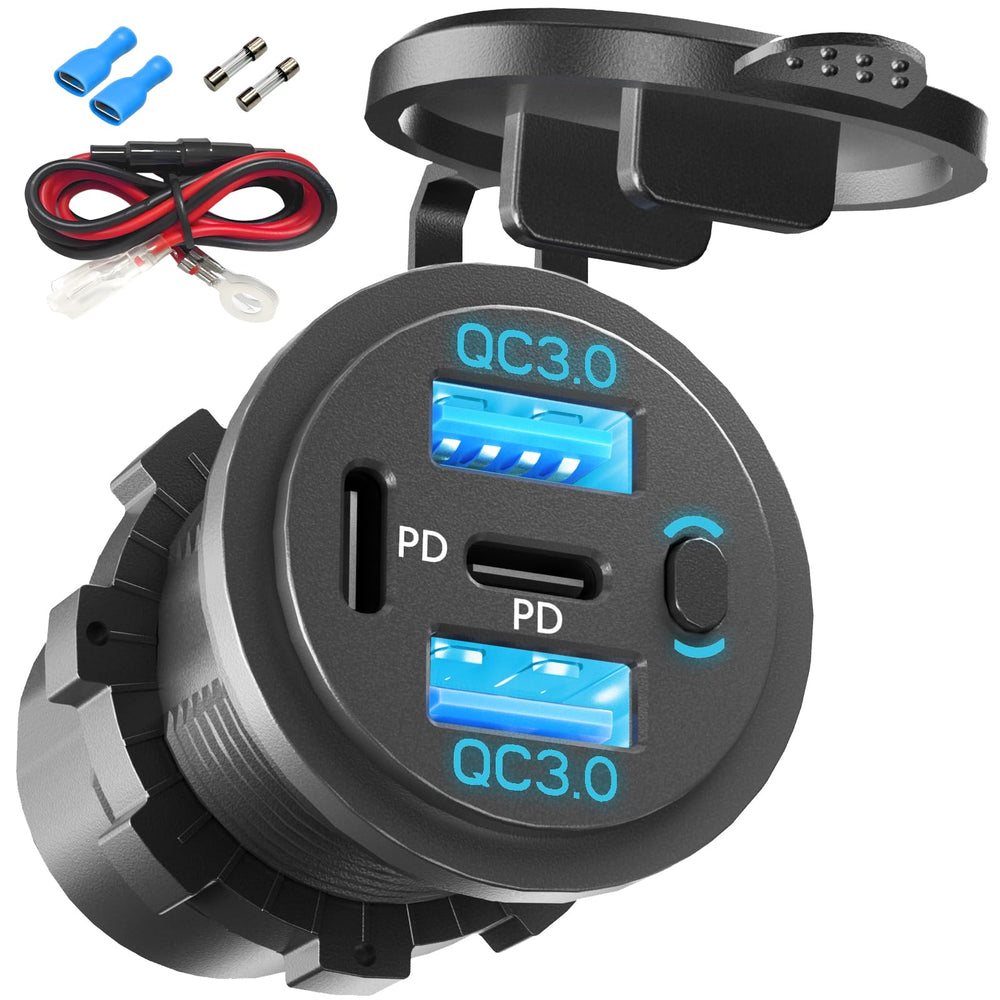 VANONE 12V USB outlet with on/off switch showing multiple charging ports for safe on‑the‑go power