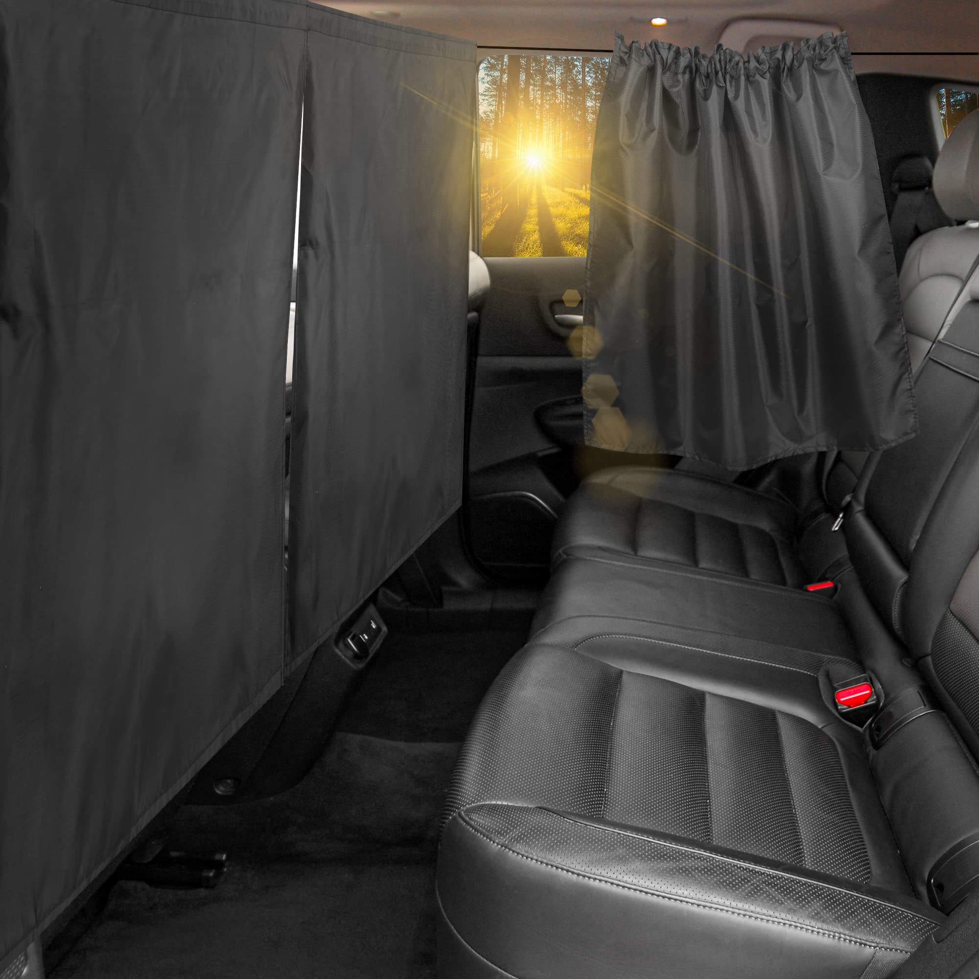 VANPET rear seat divider curtain provides privacy with 99% blackout.
